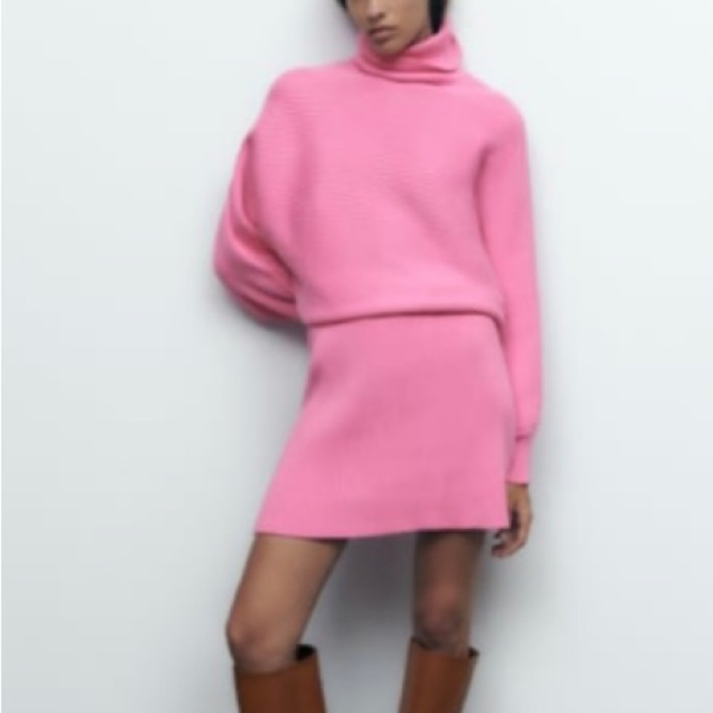 Zara high hot pink collar knit sweater with matching knit sweater skirt